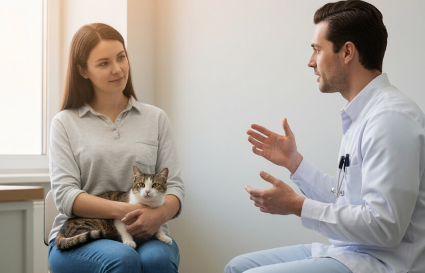 Ветеринар и владелец беседуют, кошка спокойно сидит на коленях хозяина